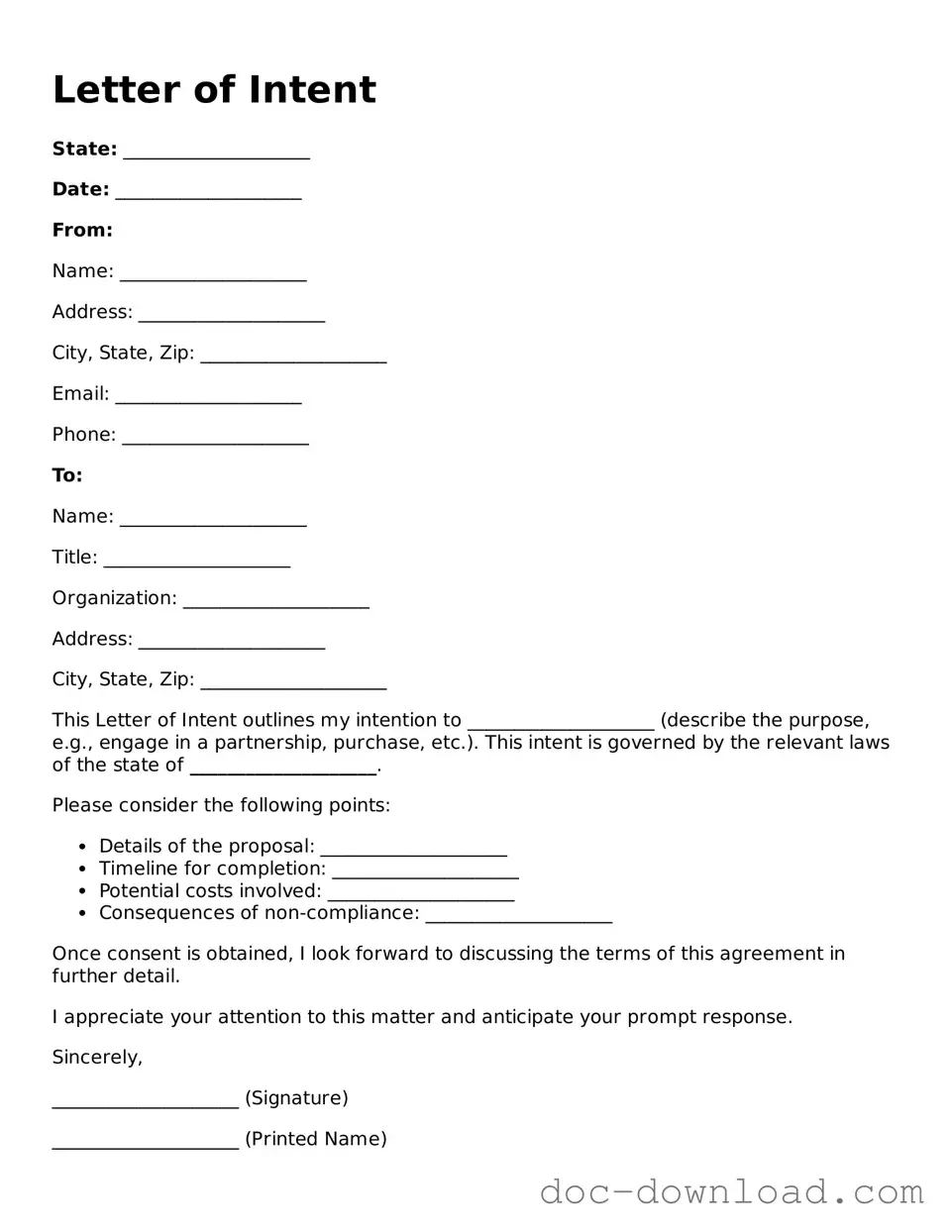 Printable Letter of Intent Template