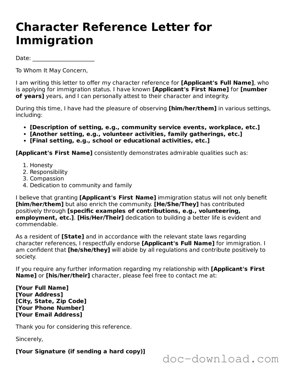 Printable Character Reference Letter for Immigration Template