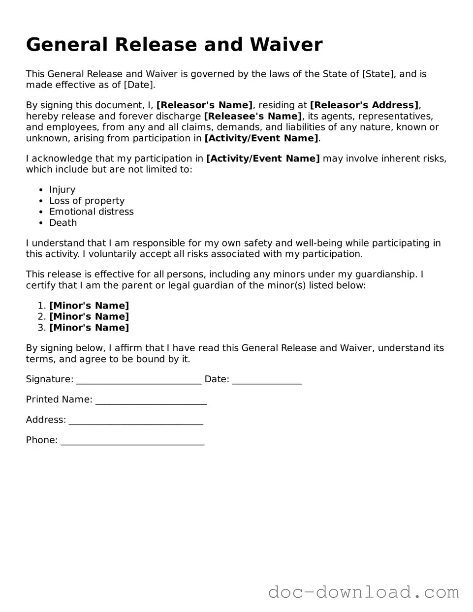 Printable General Release and Waiver Template