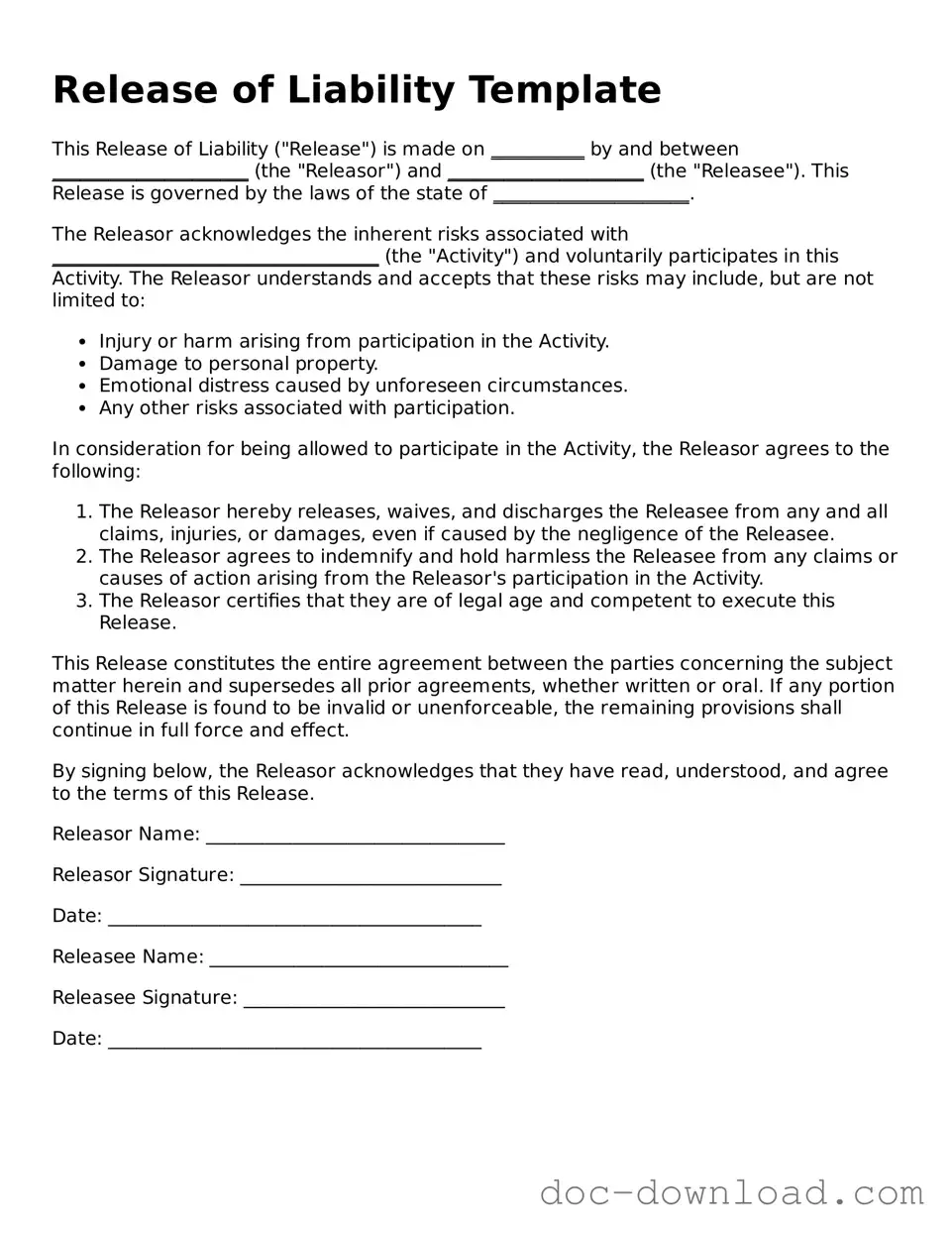 Printable Release of Liability Template