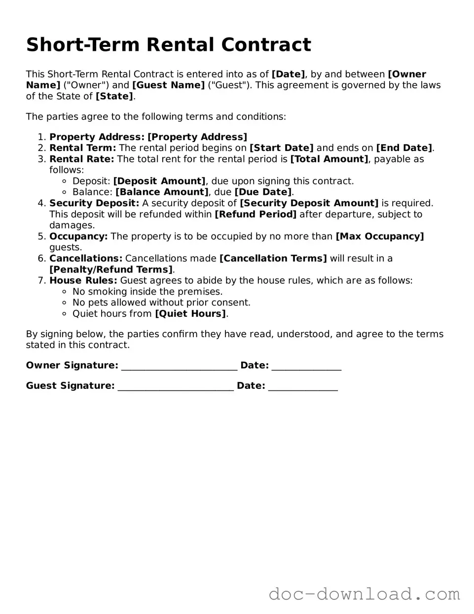 Printable Short-Term Rental Contract Template