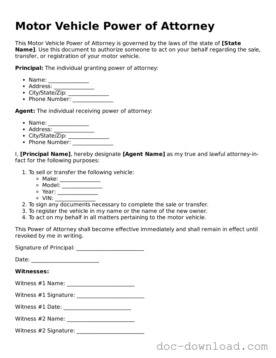 Printable Motor Vehicle Power of Attorney Template