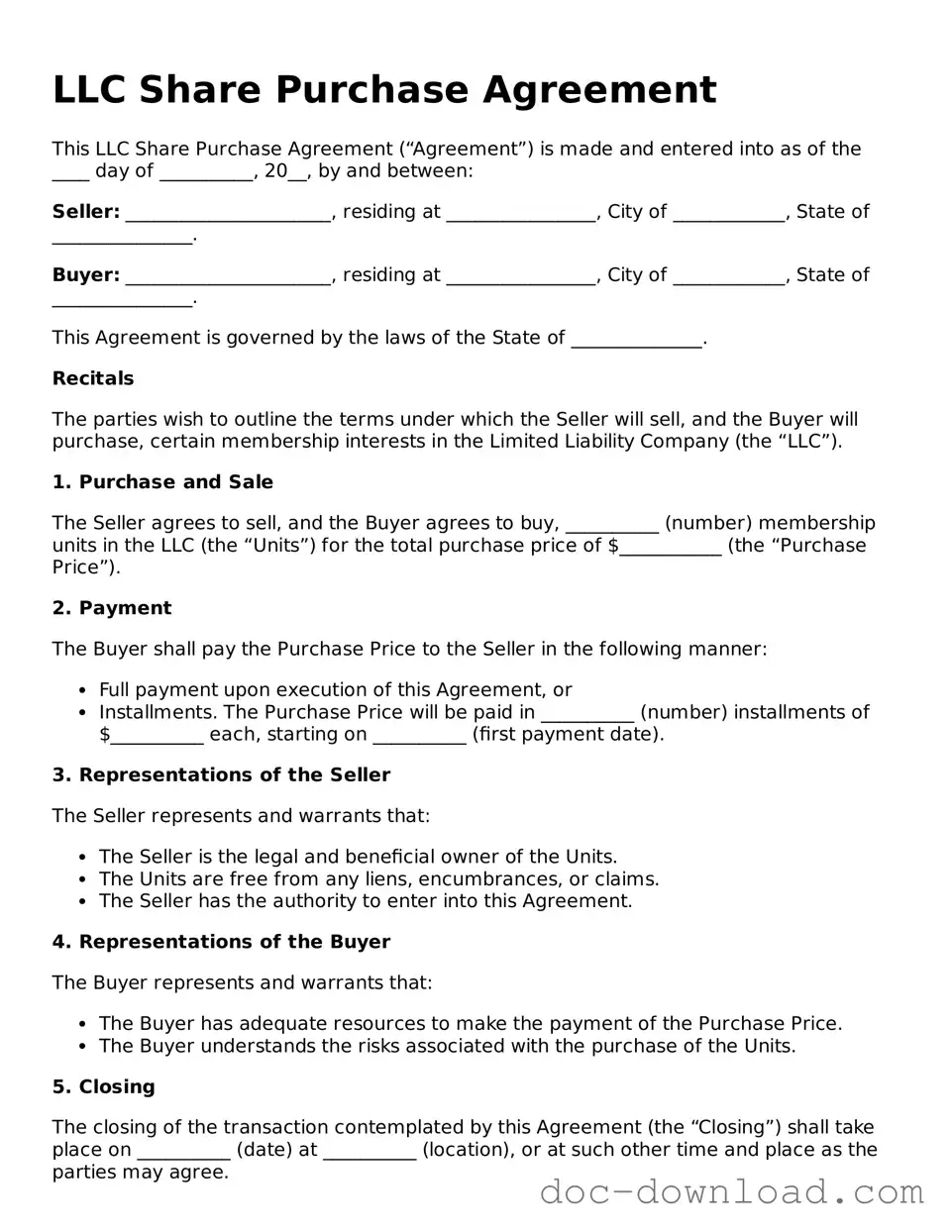 Printable LLC Share Purchase Agreement Template