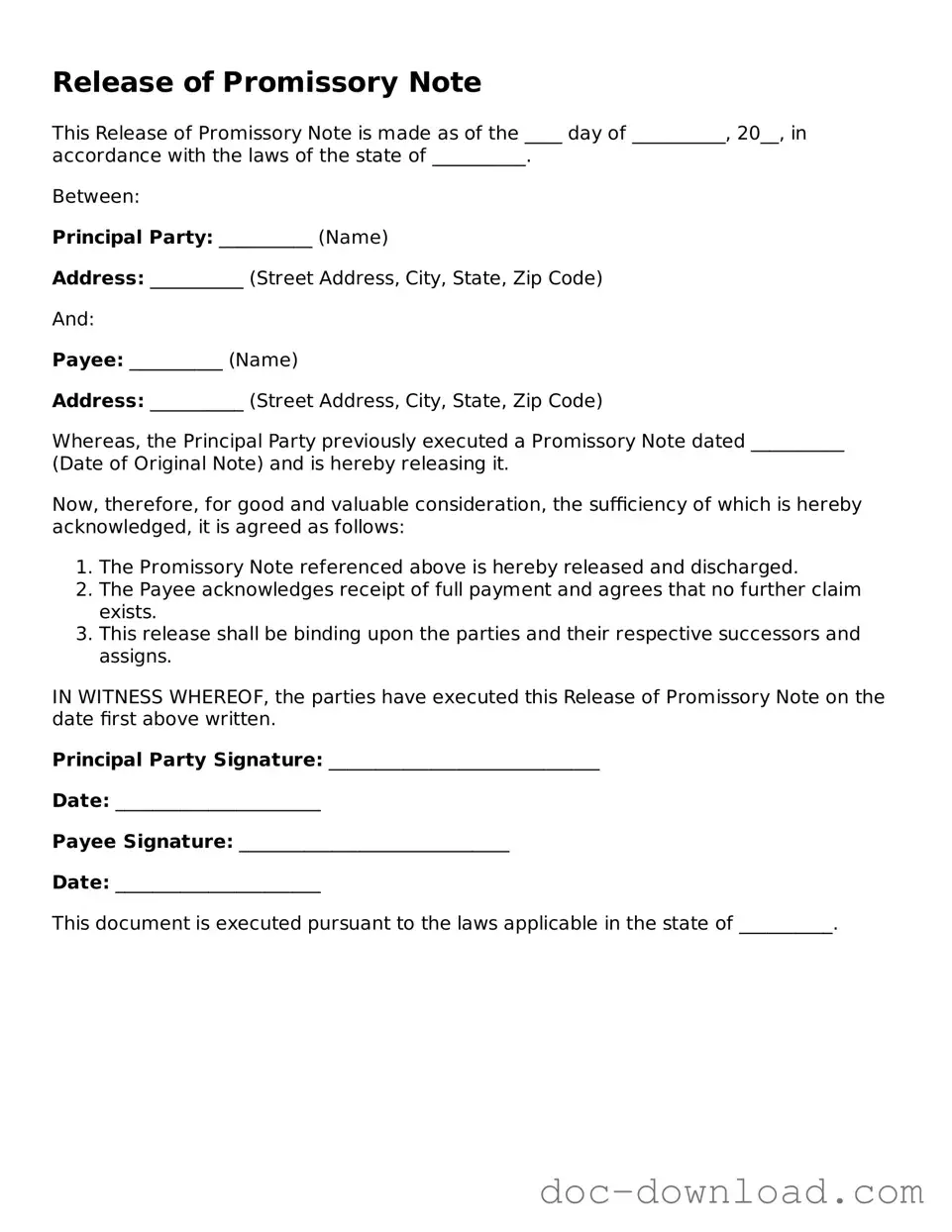 Printable Release of Promissory Note Template