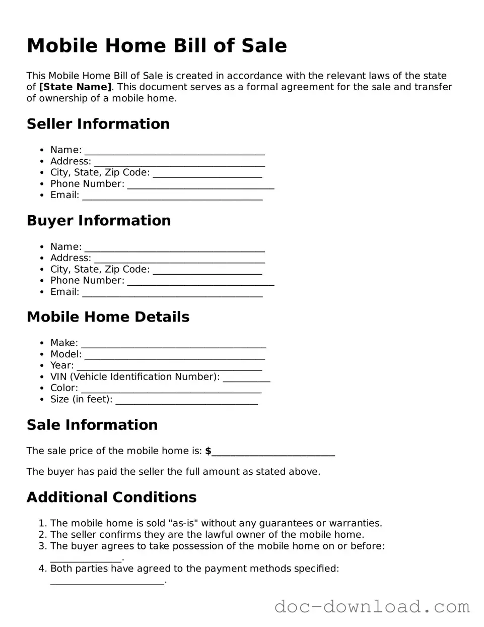 Printable Mobile Home Bill of Sale Template
