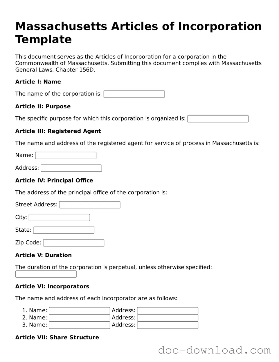 Blank Articles of Incorporation Document for Massachusetts