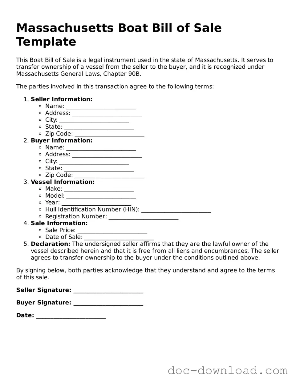 Blank  Boat Bill of Sale Document for Massachusetts