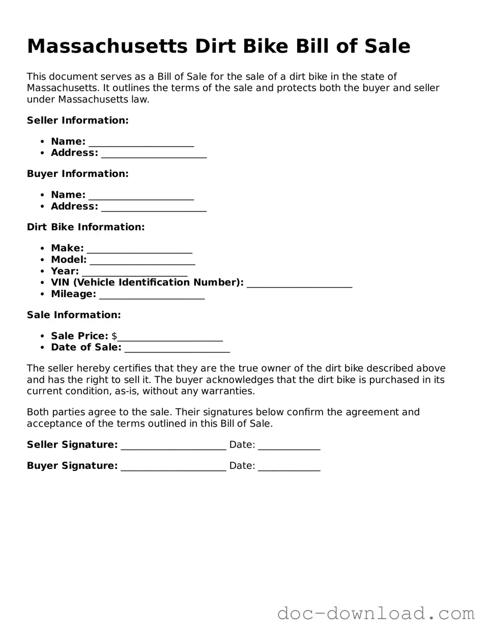 Blank  Dirt Bike Bill of Sale Document for Massachusetts