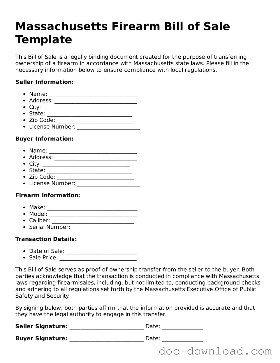 Blank  Firearm Bill of Sale Document for Massachusetts