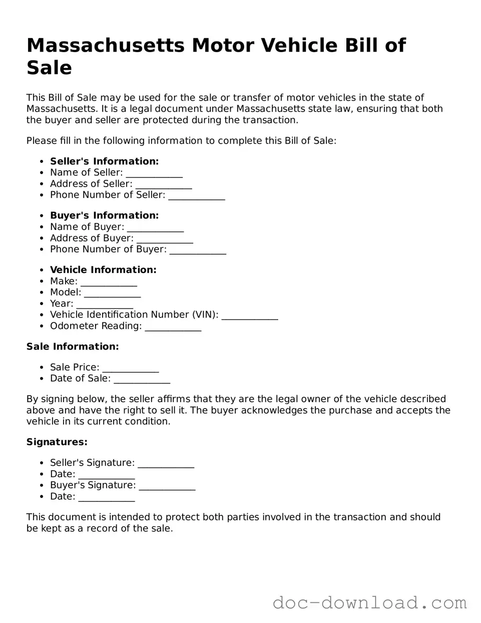 Blank  Motor Vehicle Bill of Sale Document for Massachusetts