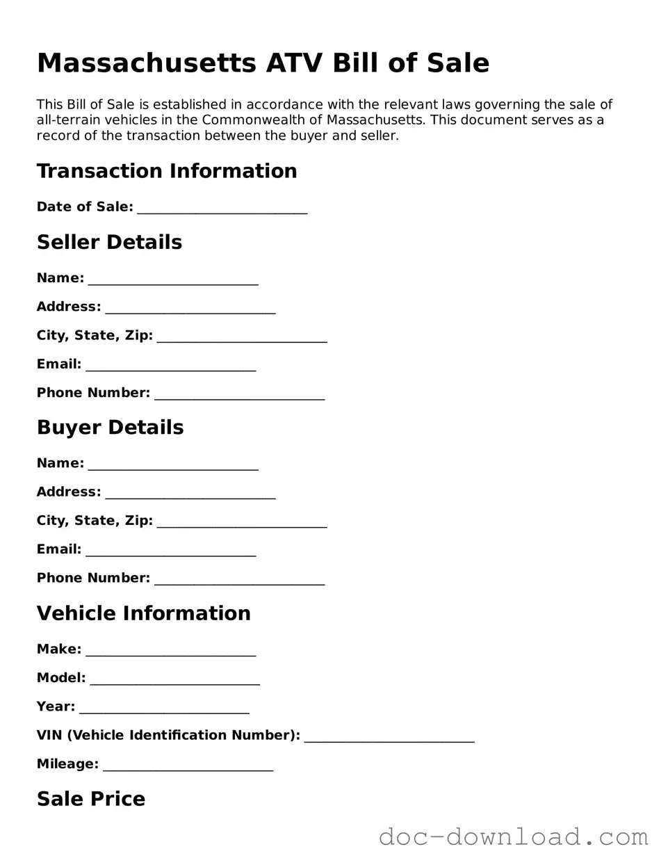 Blank  ATV Bill of Sale Document for Massachusetts