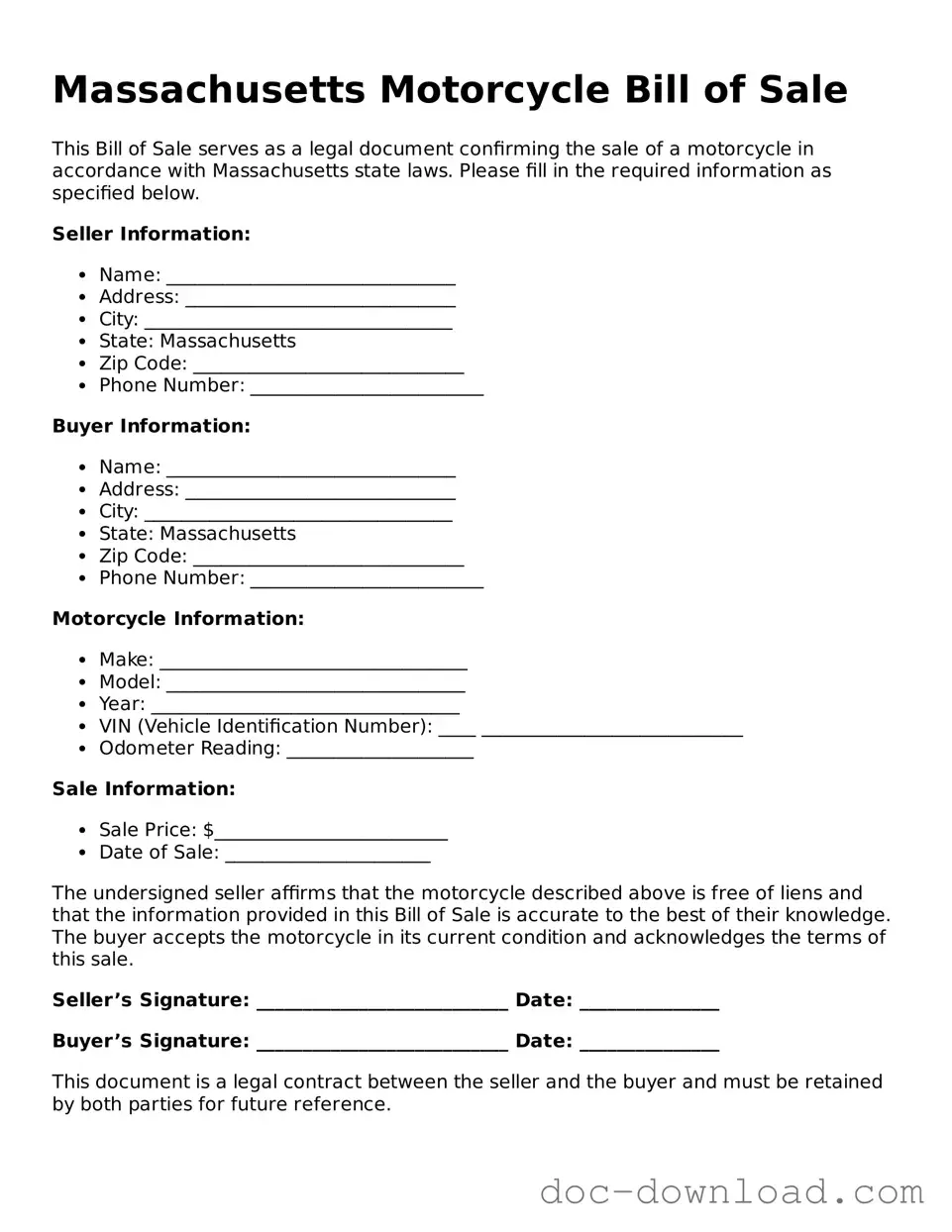 Blank  Motorcycle Bill of Sale Document for Massachusetts