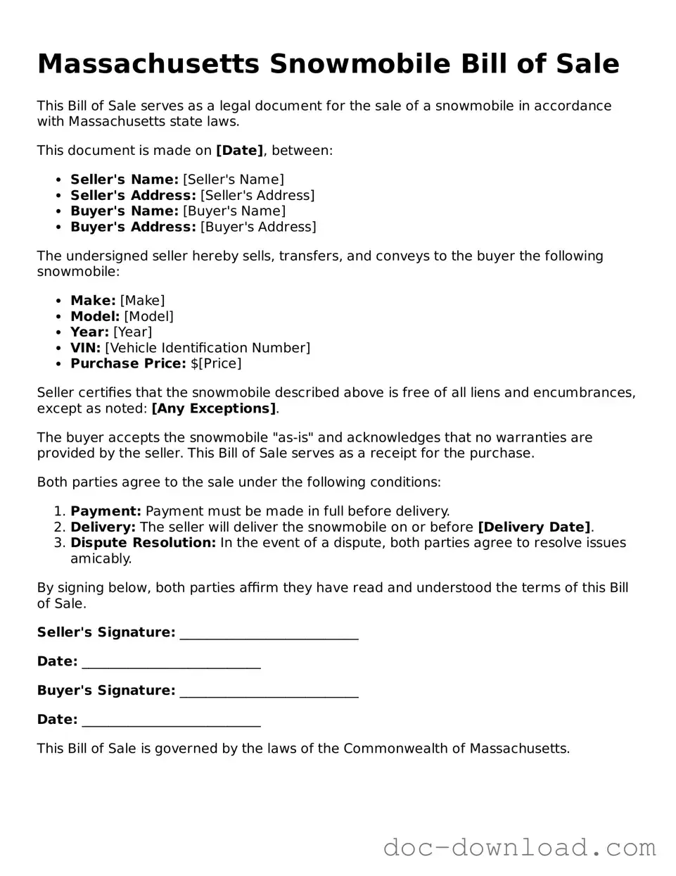 Blank  Snowmobile Bill of Sale Document for Massachusetts