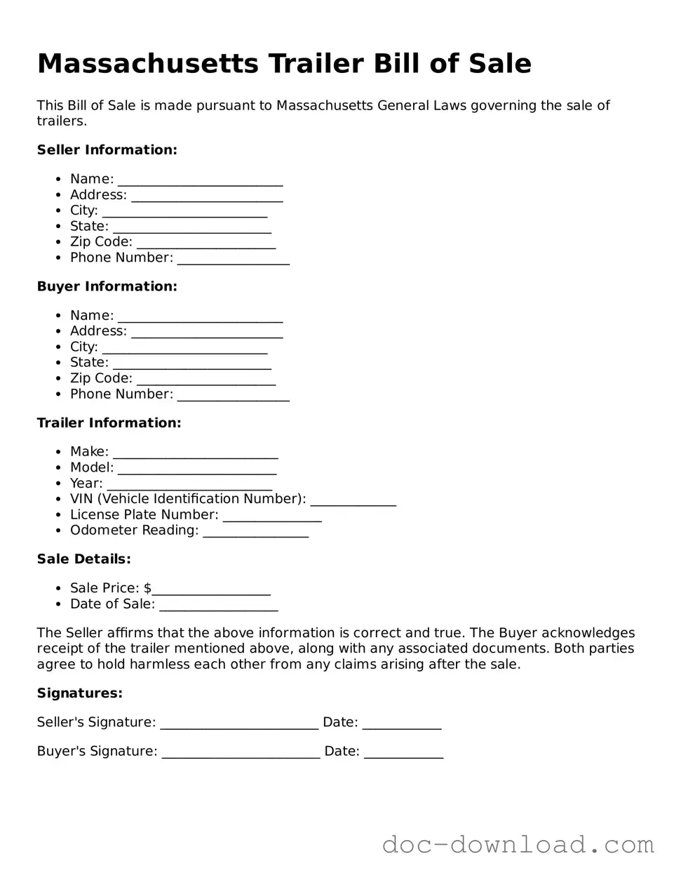 Blank  Trailer Bill of Sale Document for Massachusetts