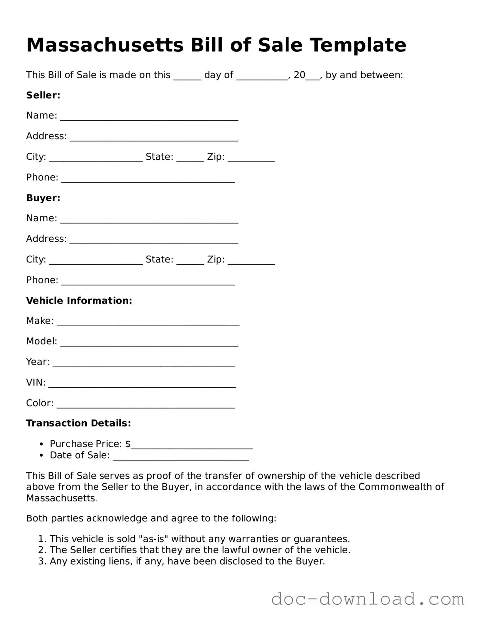 Blank  Bill of Sale Document for Massachusetts