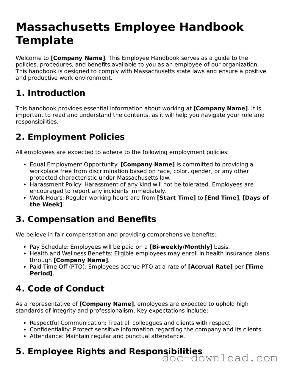 Blank  Employee Handbook Document for Massachusetts