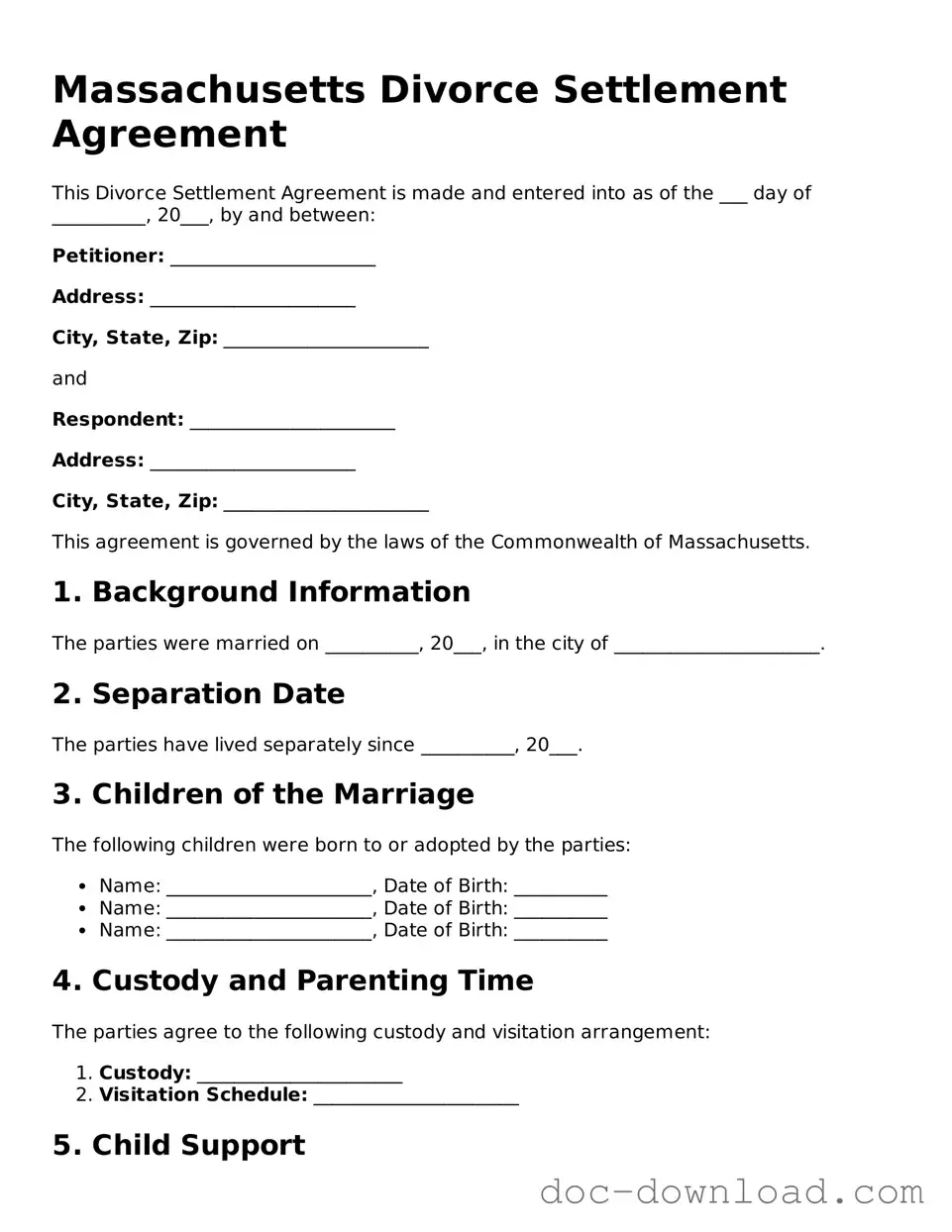 Blank  Divorce Settlement Agreement Document for Massachusetts