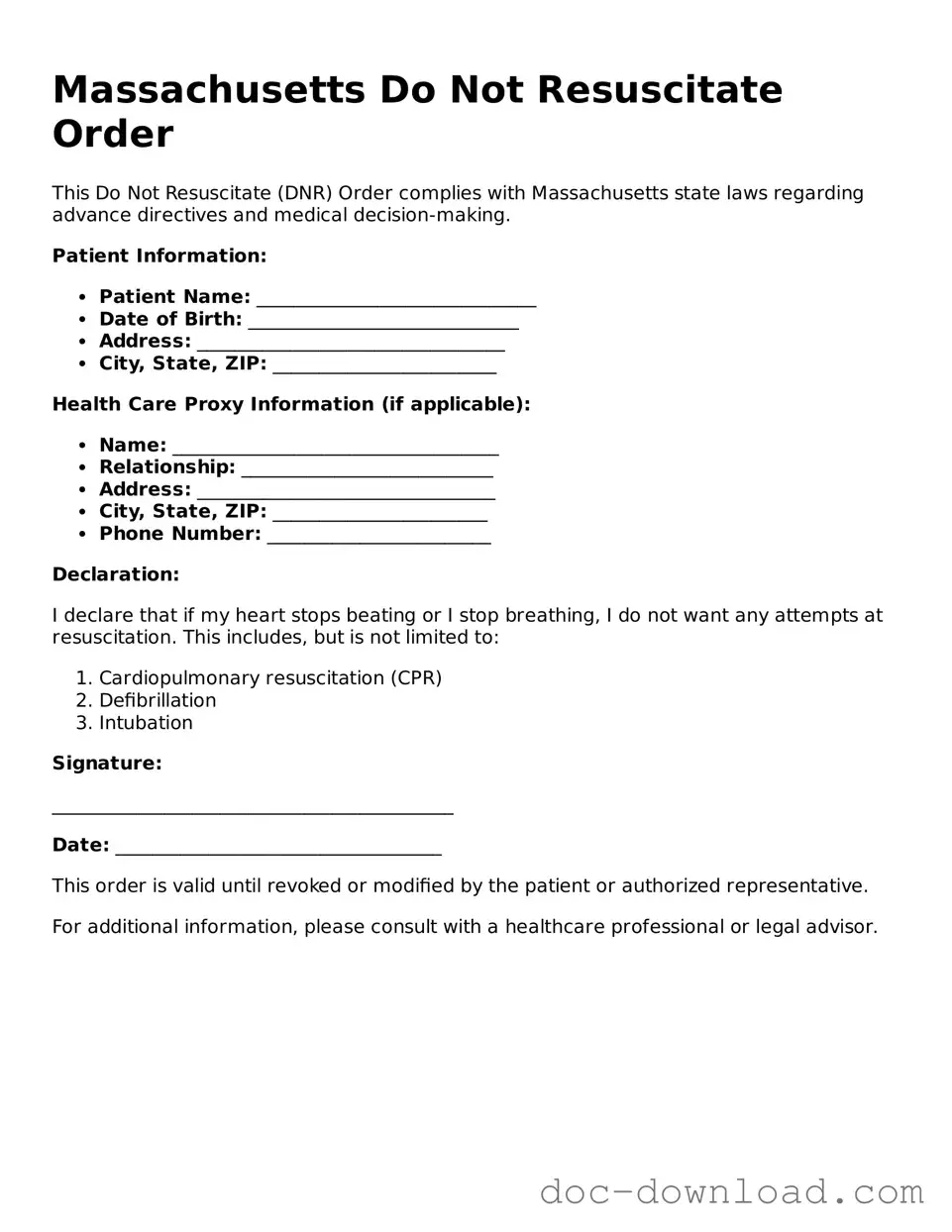 Blank  Do Not Resuscitate Order Document for Massachusetts