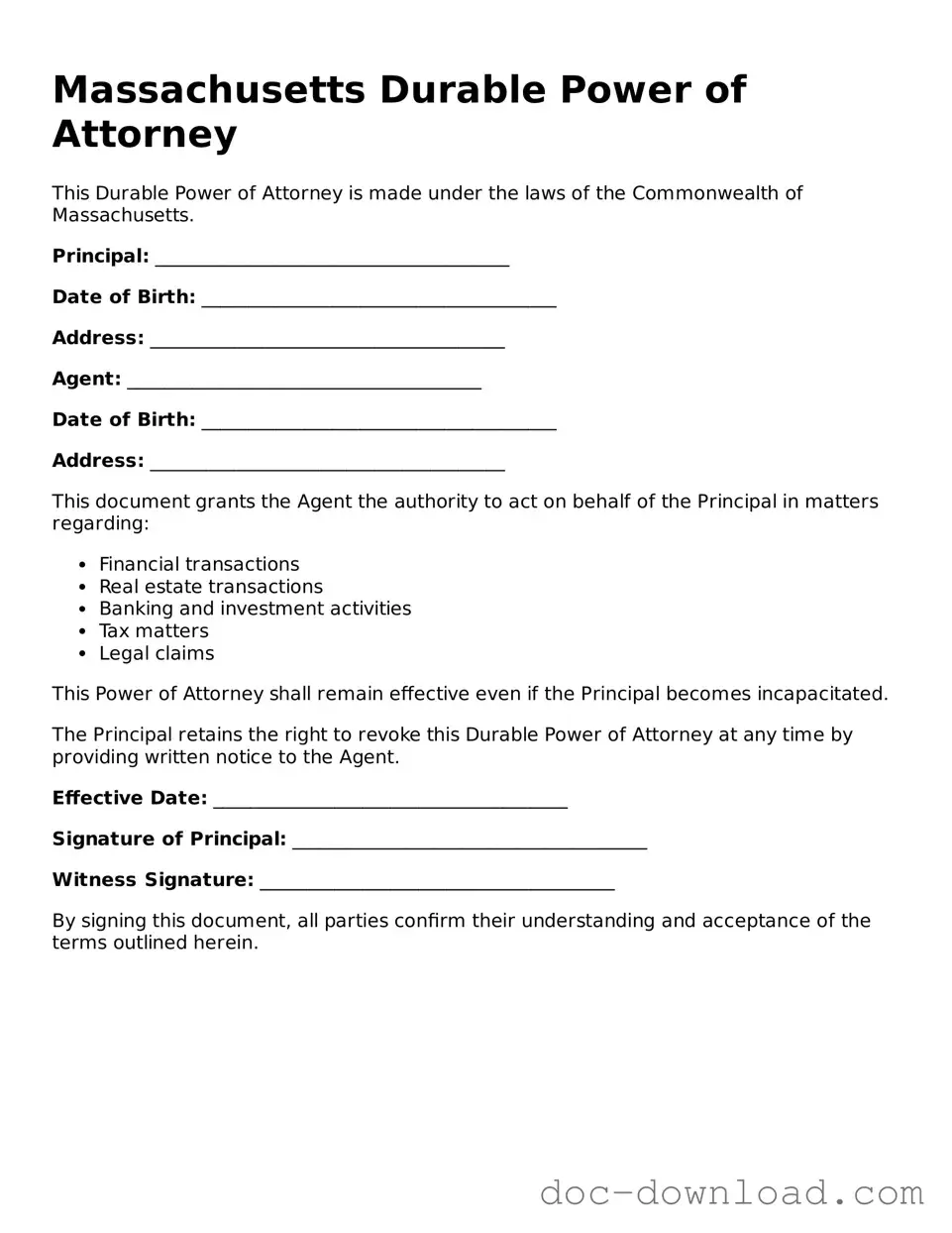 Blank  Durable Power of Attorney Document for Massachusetts