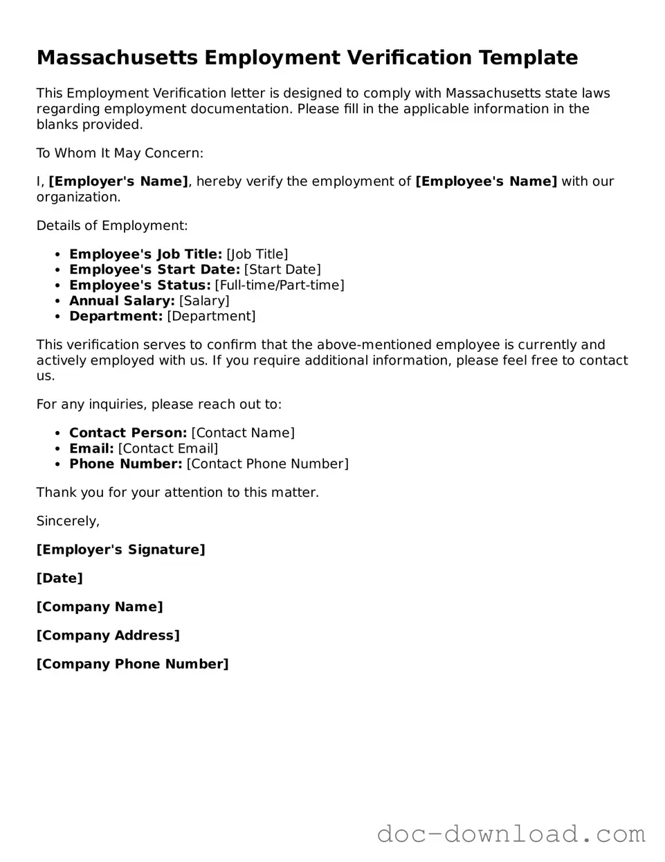 Blank  Employment Verification Document for Massachusetts