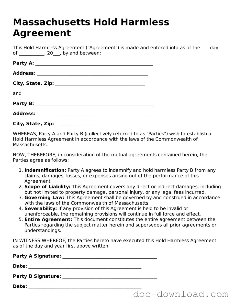 Blank  Hold Harmless Agreement Document for Massachusetts