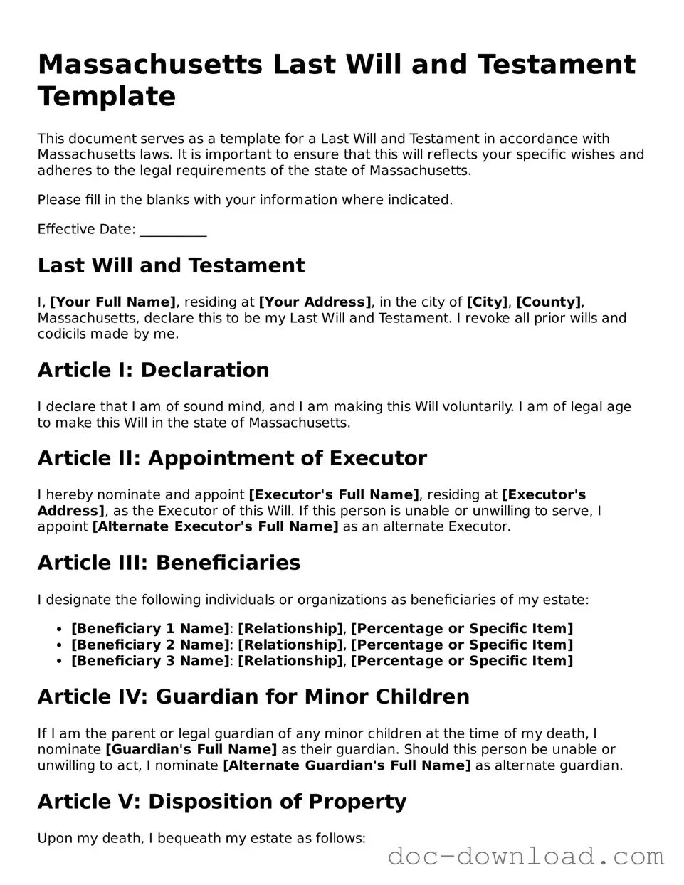 Blank  Last Will and Testament Document for Massachusetts