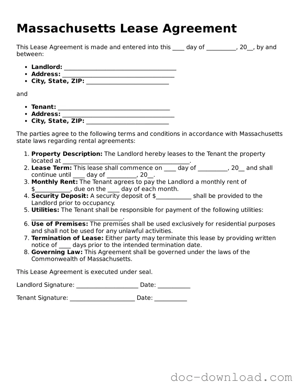Blank  Lease Agreement Document for Massachusetts