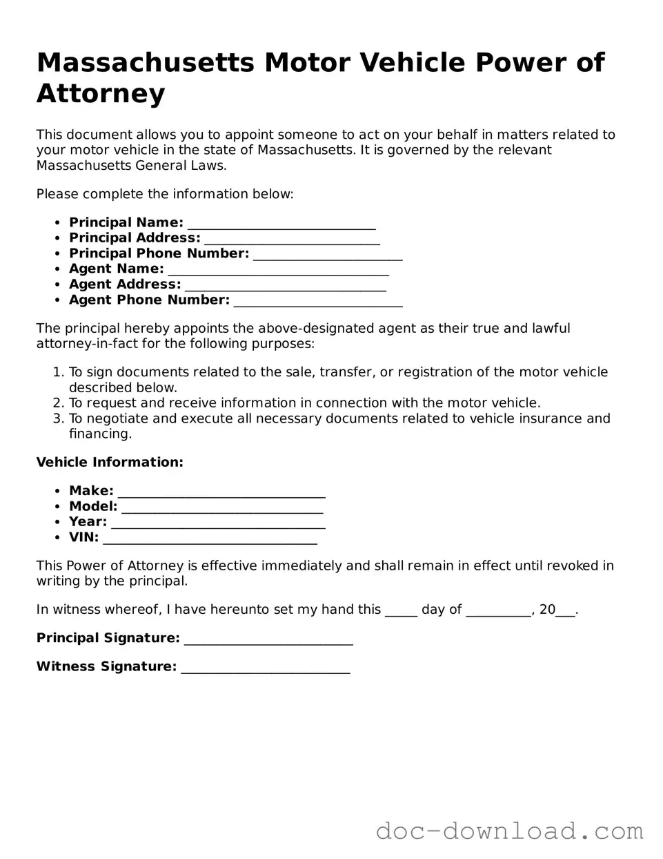 Blank  Motor Vehicle Power of Attorney Document for Massachusetts