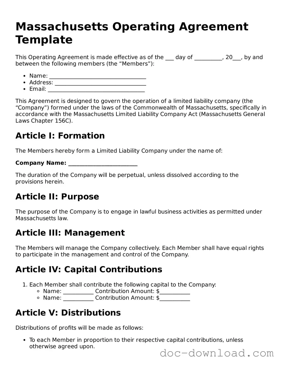 Blank  Operating Agreement Document for Massachusetts