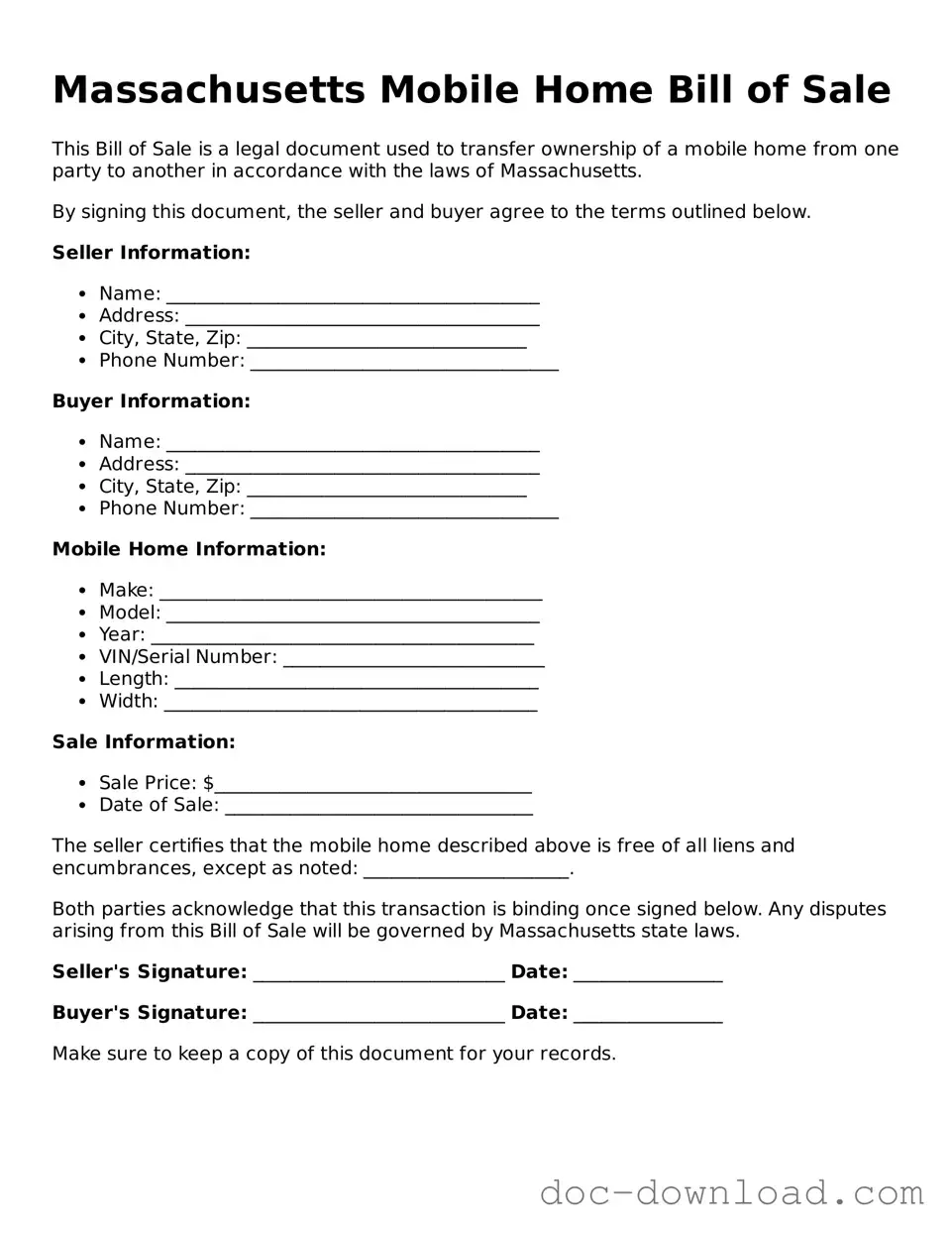 Blank  Mobile Home Bill of Sale Document for Massachusetts