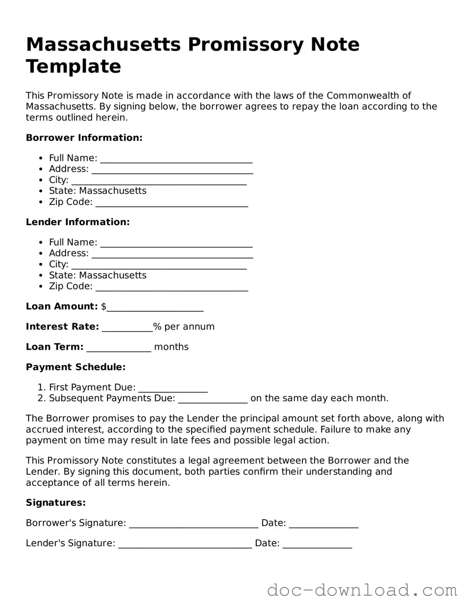 Blank  Promissory Note Document for Massachusetts
