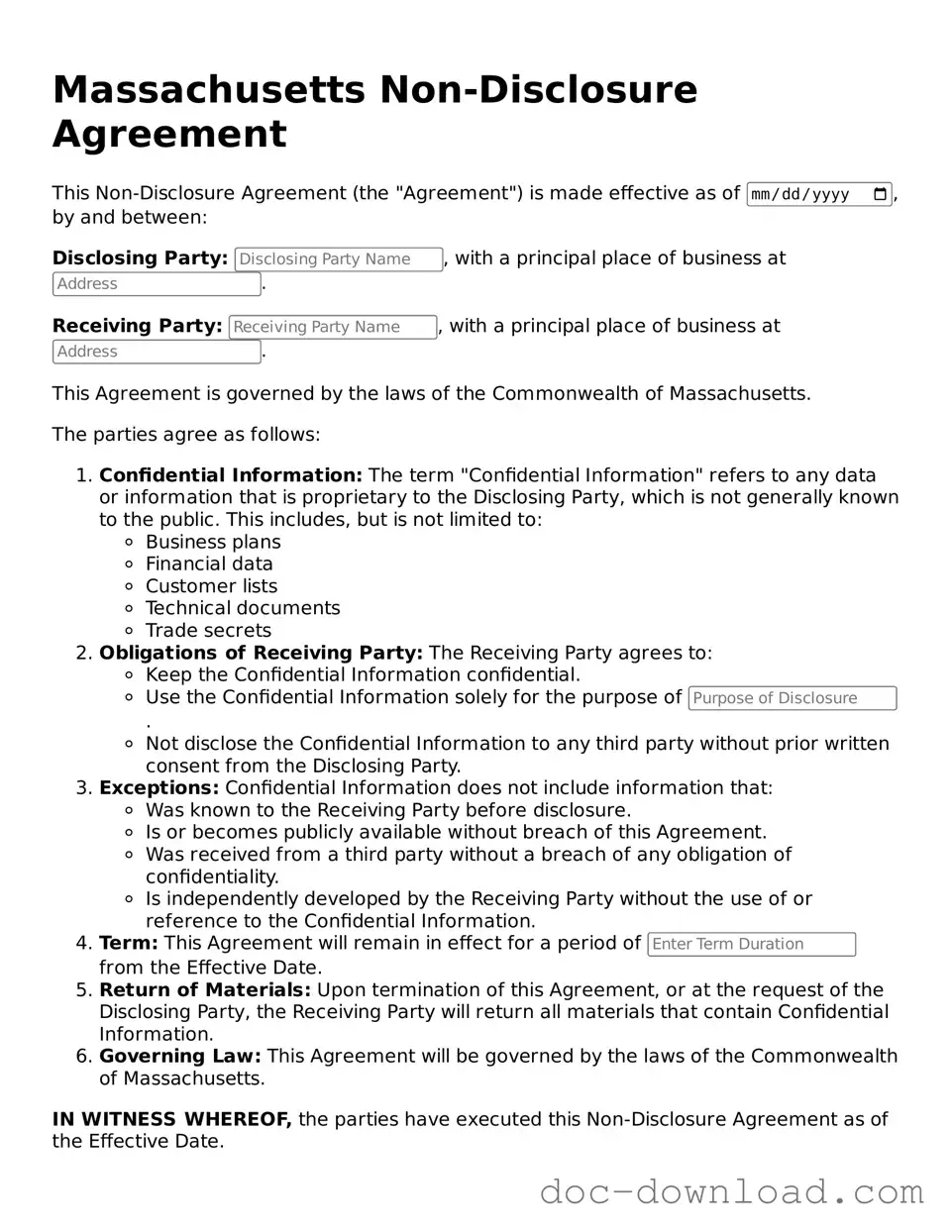 Blank  Non-disclosure Agreement Document for Massachusetts