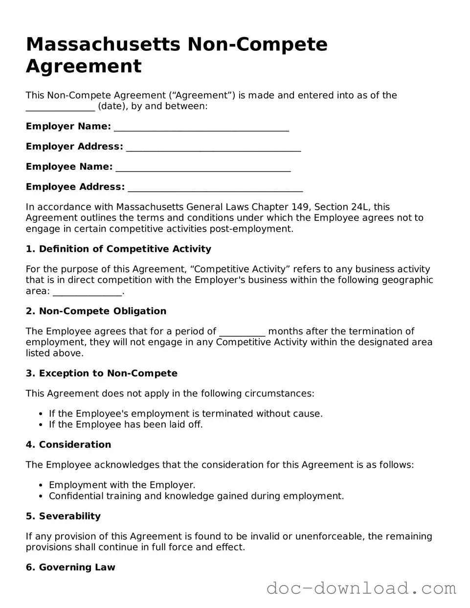 Blank  Non-compete Agreement Document for Massachusetts