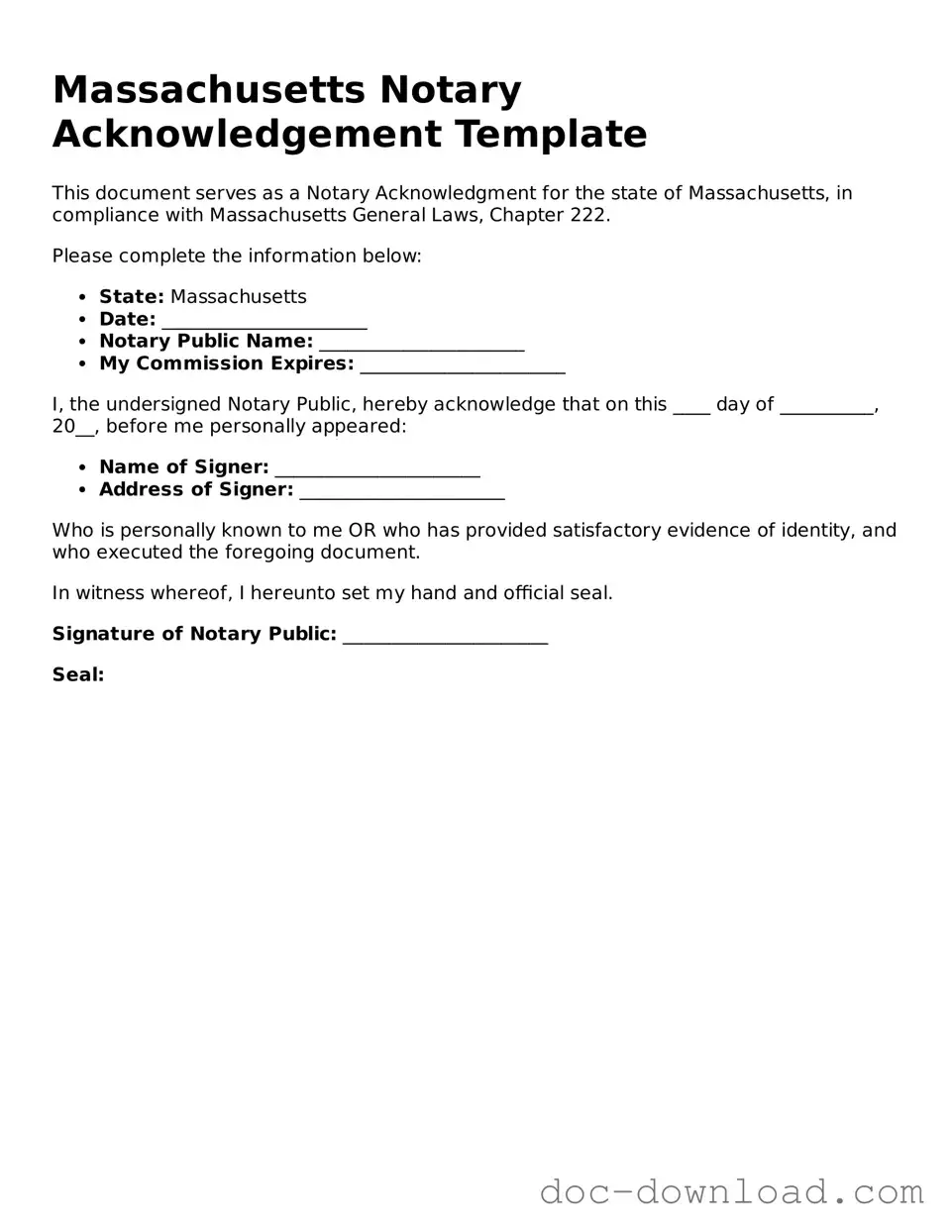 Blank Notary Acknowledgement Document for Massachusetts
