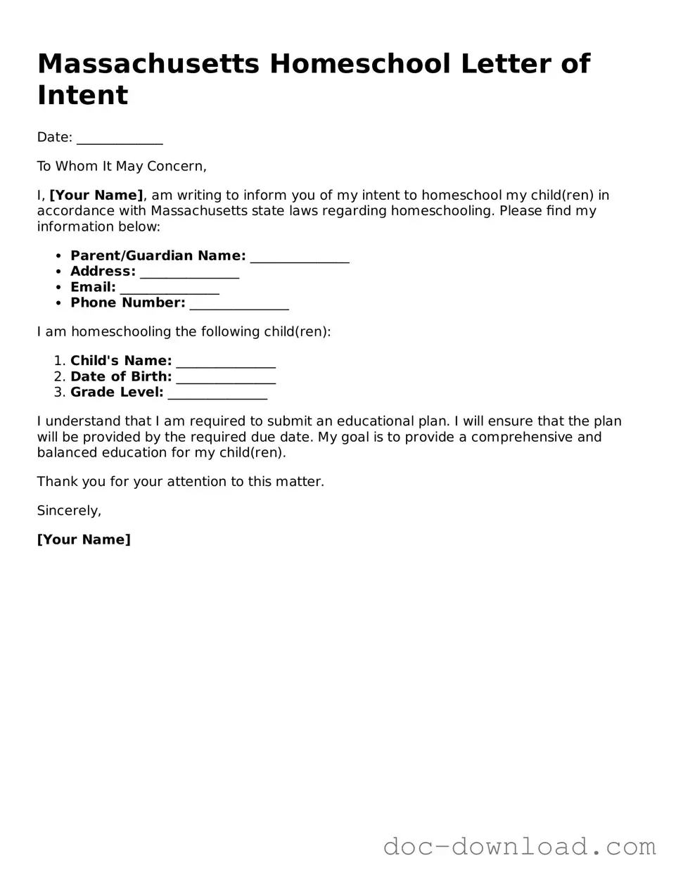 Blank Homeschool Letter of Intent Document for Massachusetts