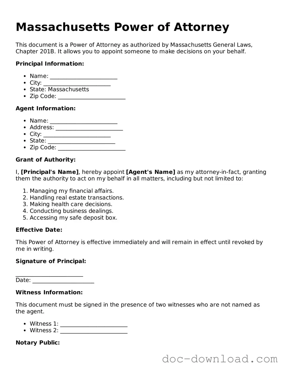 Blank  Power of Attorney Document for Massachusetts