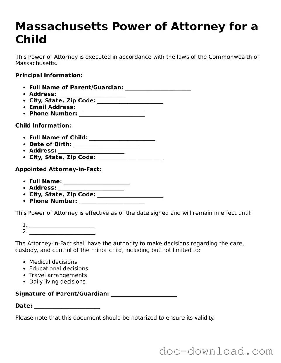 Blank  Power of Attorney for a Child Document for Massachusetts