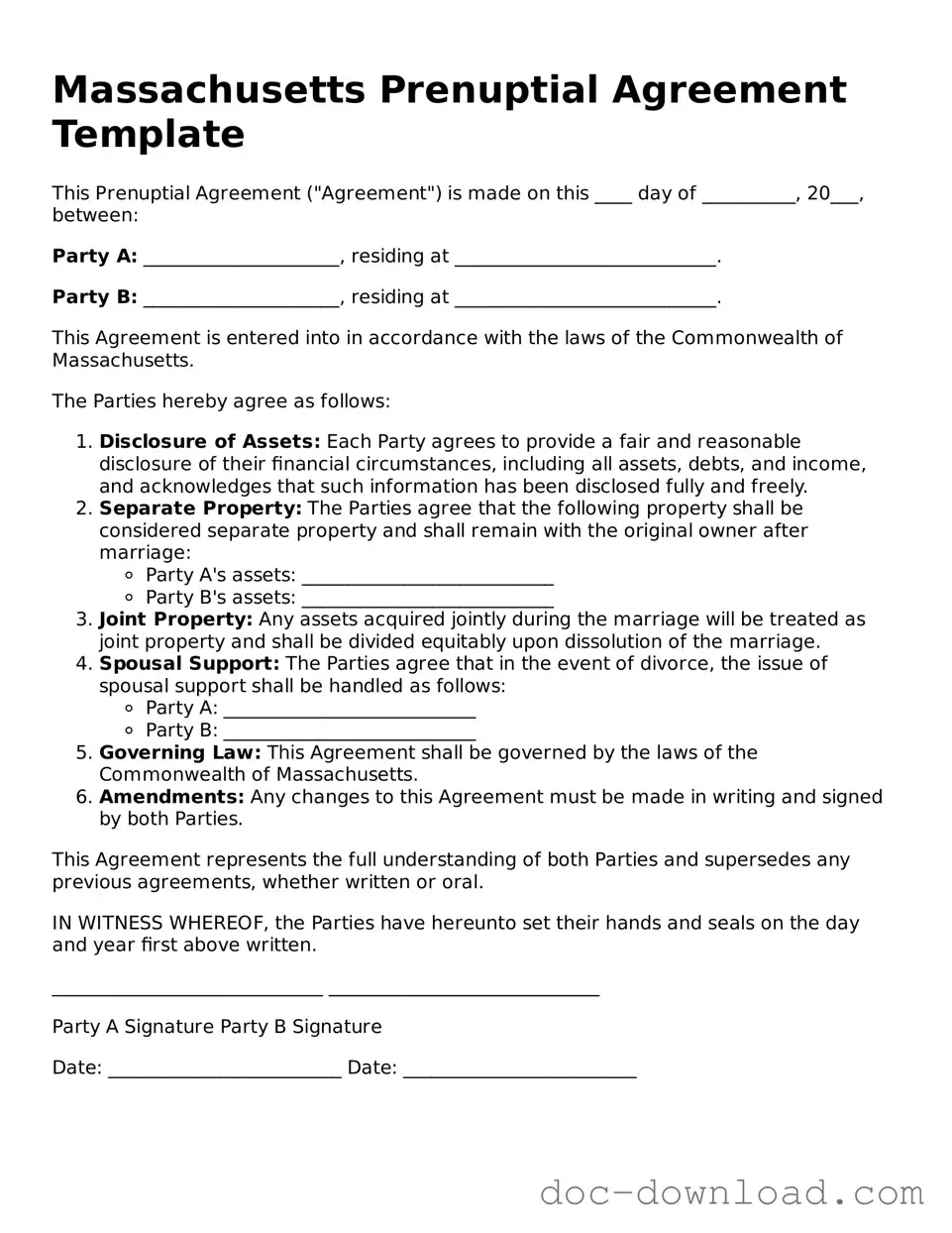 Blank  Prenuptial Agreement Document for Massachusetts