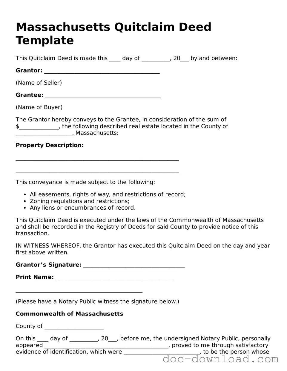 Blank  Quitclaim Deed Document for Massachusetts