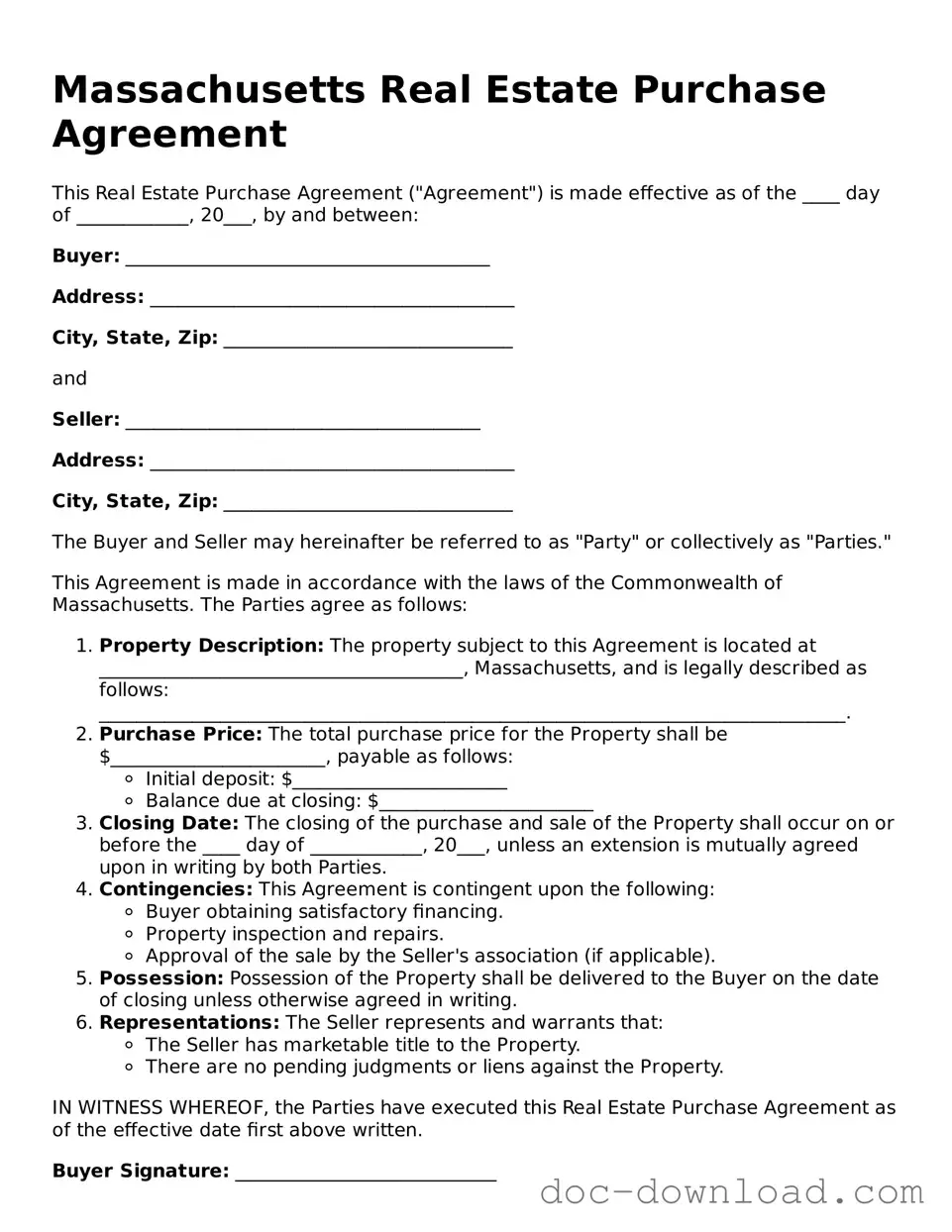 Blank  Real Estate Purchase Agreement Document for Massachusetts