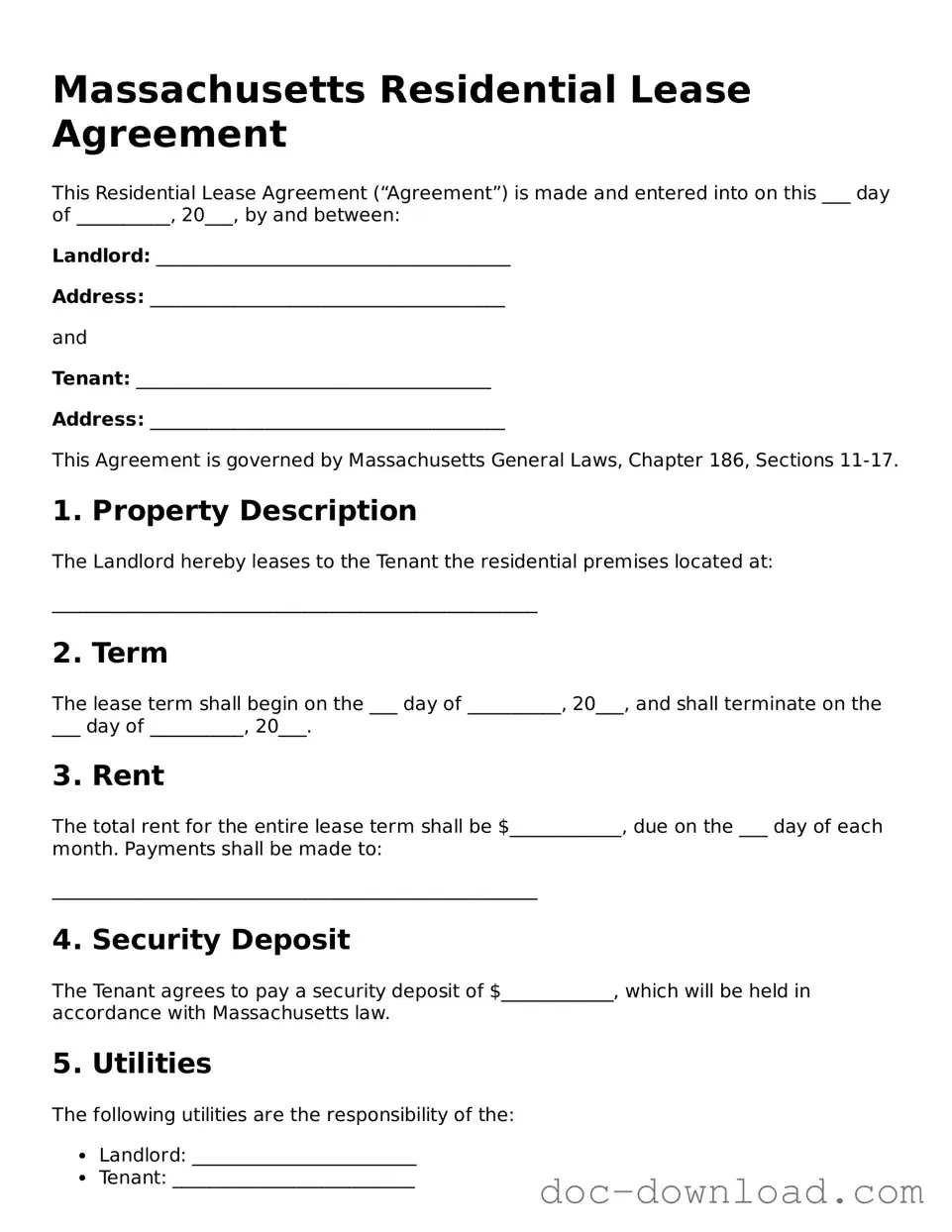 Blank  Residential Lease Agreement Document for Massachusetts