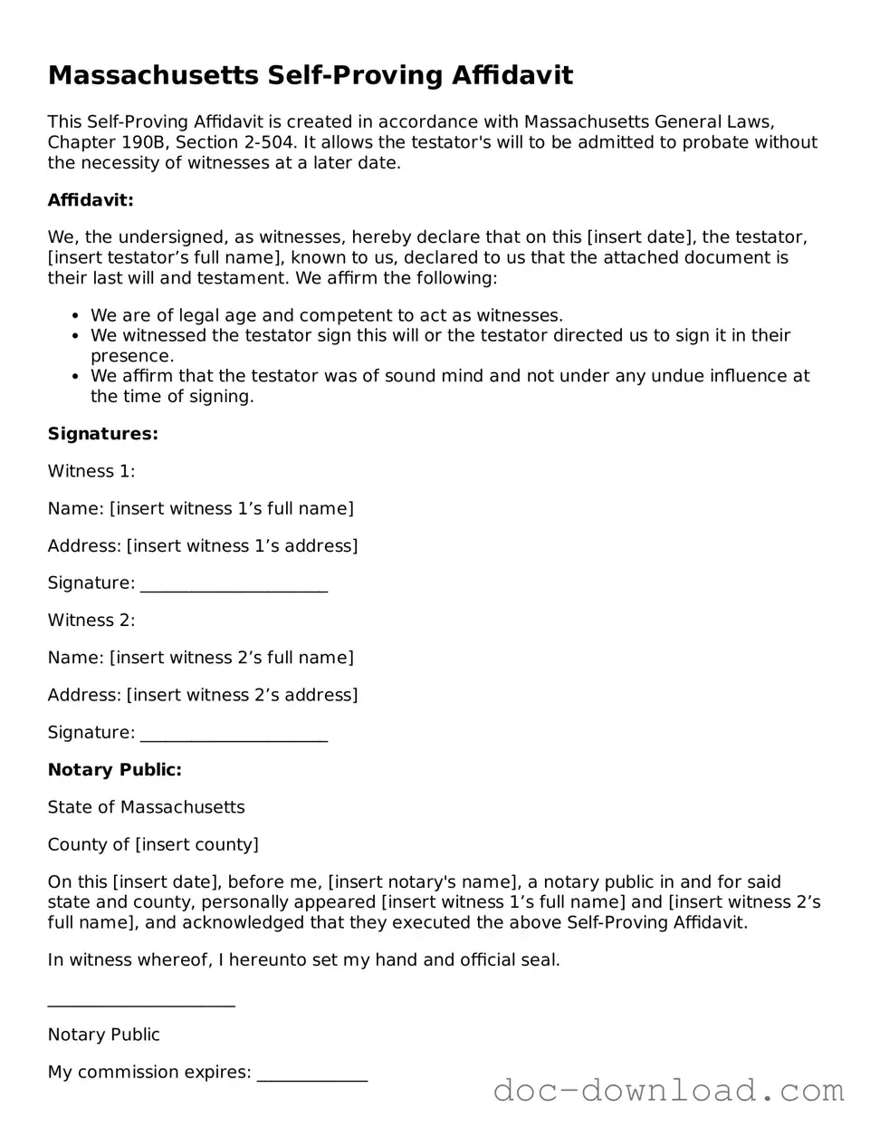 Blank  Self-Proving Affidavit Document for Massachusetts