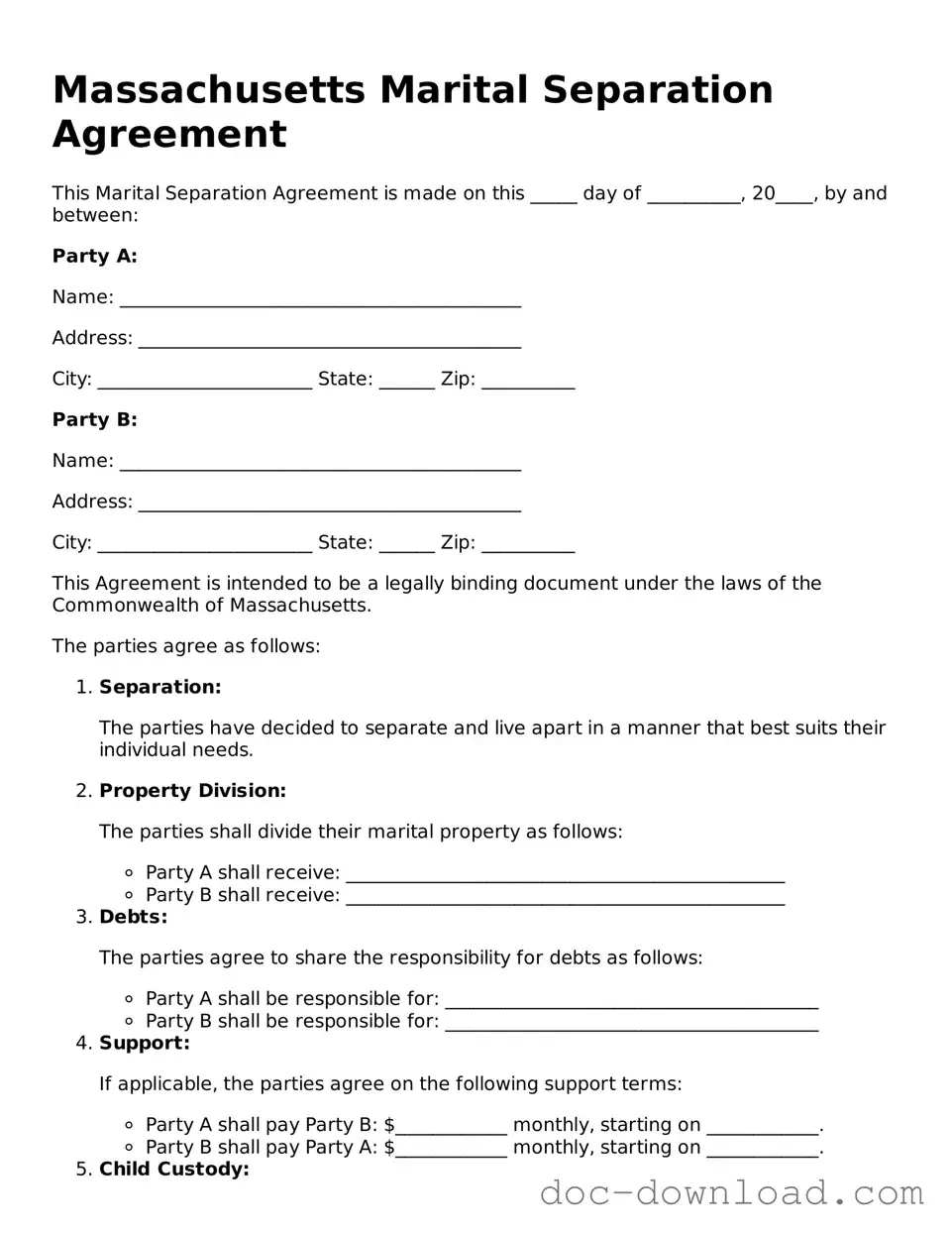 Blank  Marital Separation Agreement Document for Massachusetts