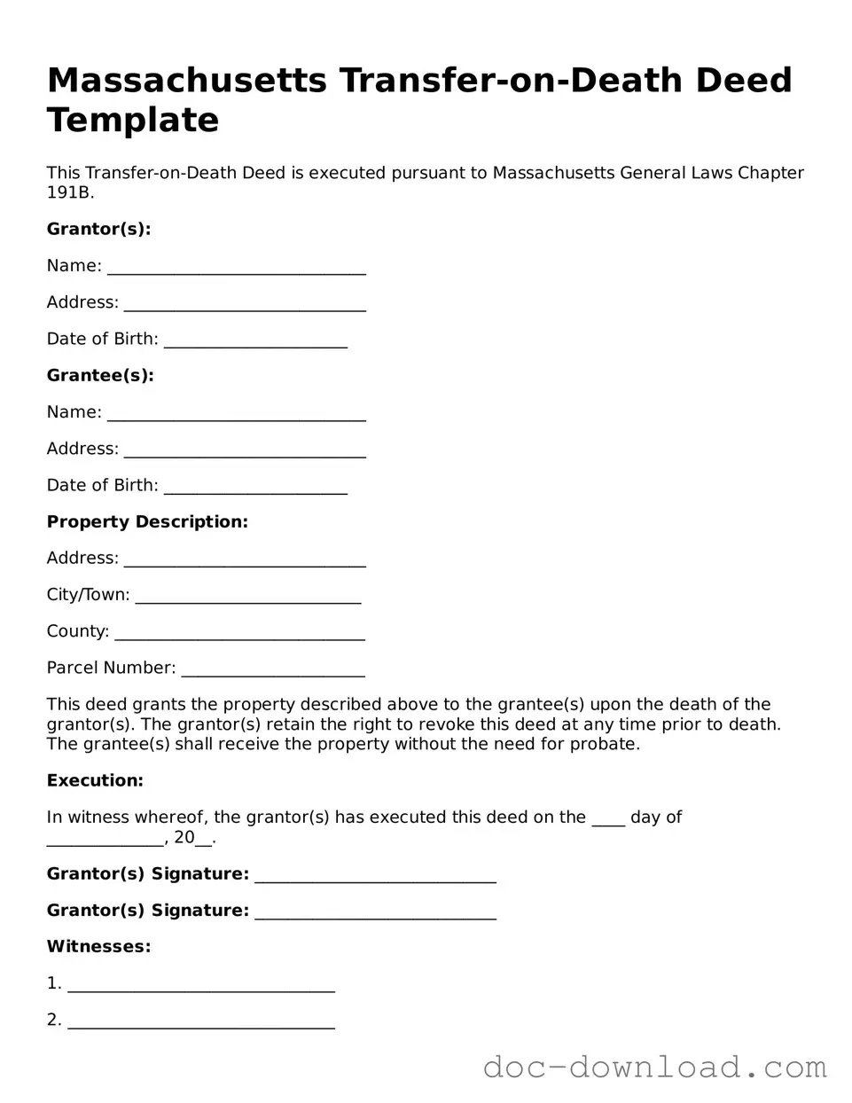 Blank  Transfer-on-Death Deed Document for Massachusetts