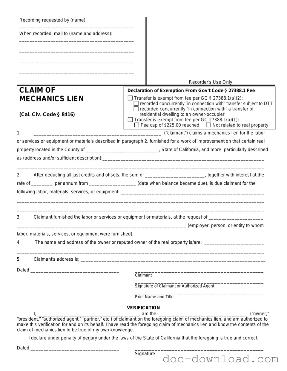 Fill Out Your Mechanics Lien California Template