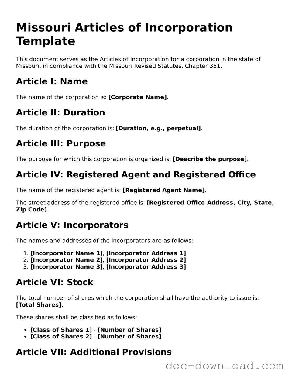 Blank  Articles of Incorporation Document for Missouri