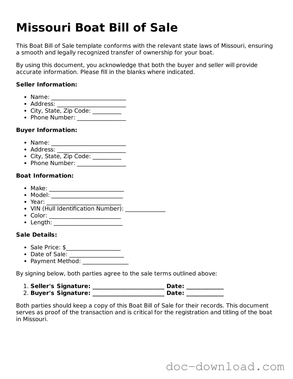 Blank  Boat Bill of Sale Document for Missouri