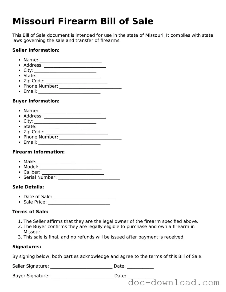 Blank  Firearm Bill of Sale Document for Missouri