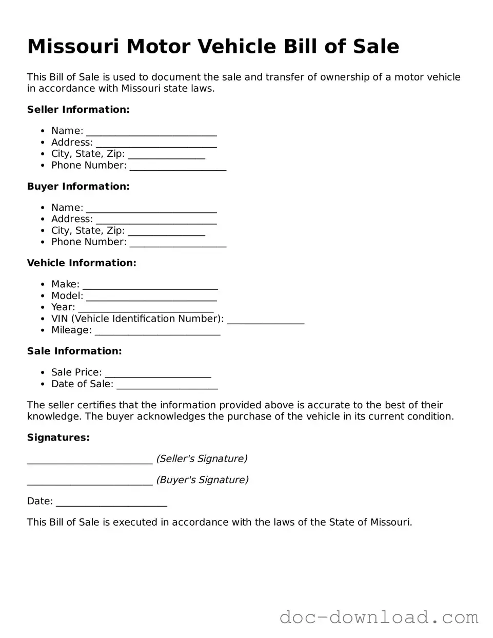 Blank  Motor Vehicle Bill of Sale Document for Missouri
