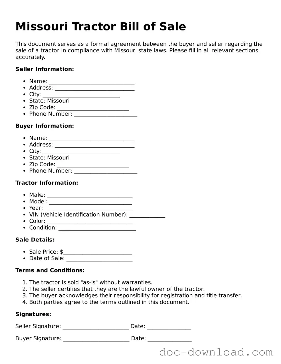 Blank  Tractor Bill of Sale Document for Missouri